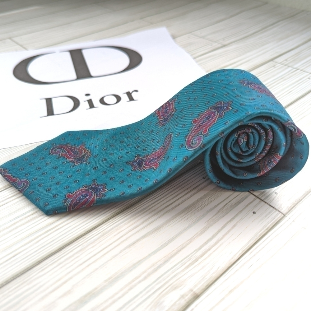 Christian Dior Italian Woven Paisley Vintage Silk Necktie in a Tidal Blue